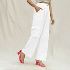 White Cotton Flax Elasticated High-Rise Cargo Pant