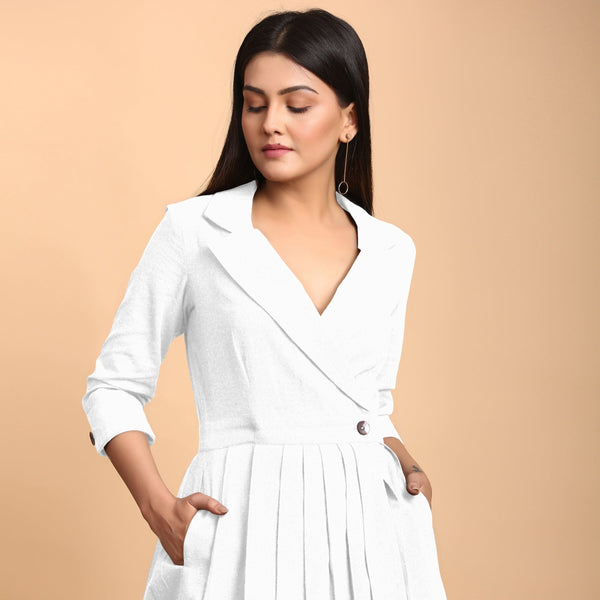 White Cotton Flax Notched Collar Midi Pleated Wrap Dress