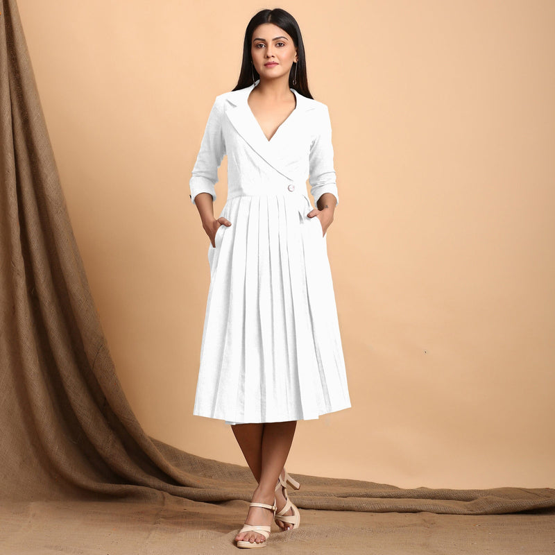 White Cotton Flax Notched Collar Midi Pleated Wrap Dress