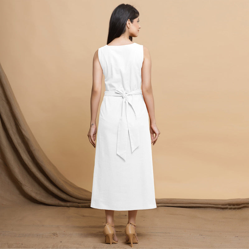 White Cotton Flax Sleeveless A-Line Midi Dress