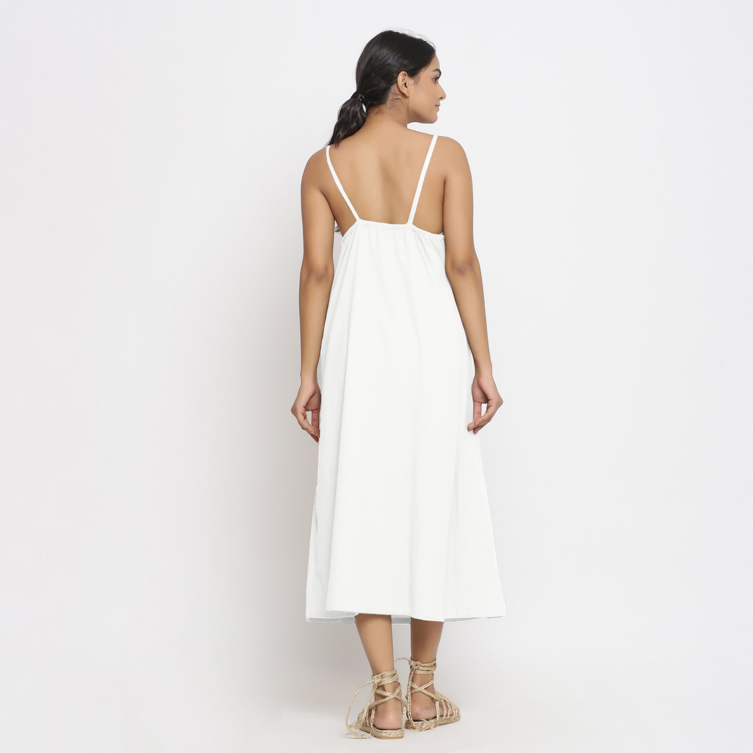 Back View of a Model wearing White Cotton Flax Strap Sleeve A-Line Dress