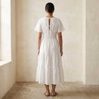 White Cotton Flutter Sleeve Tie-Back Tiered Midi Dress