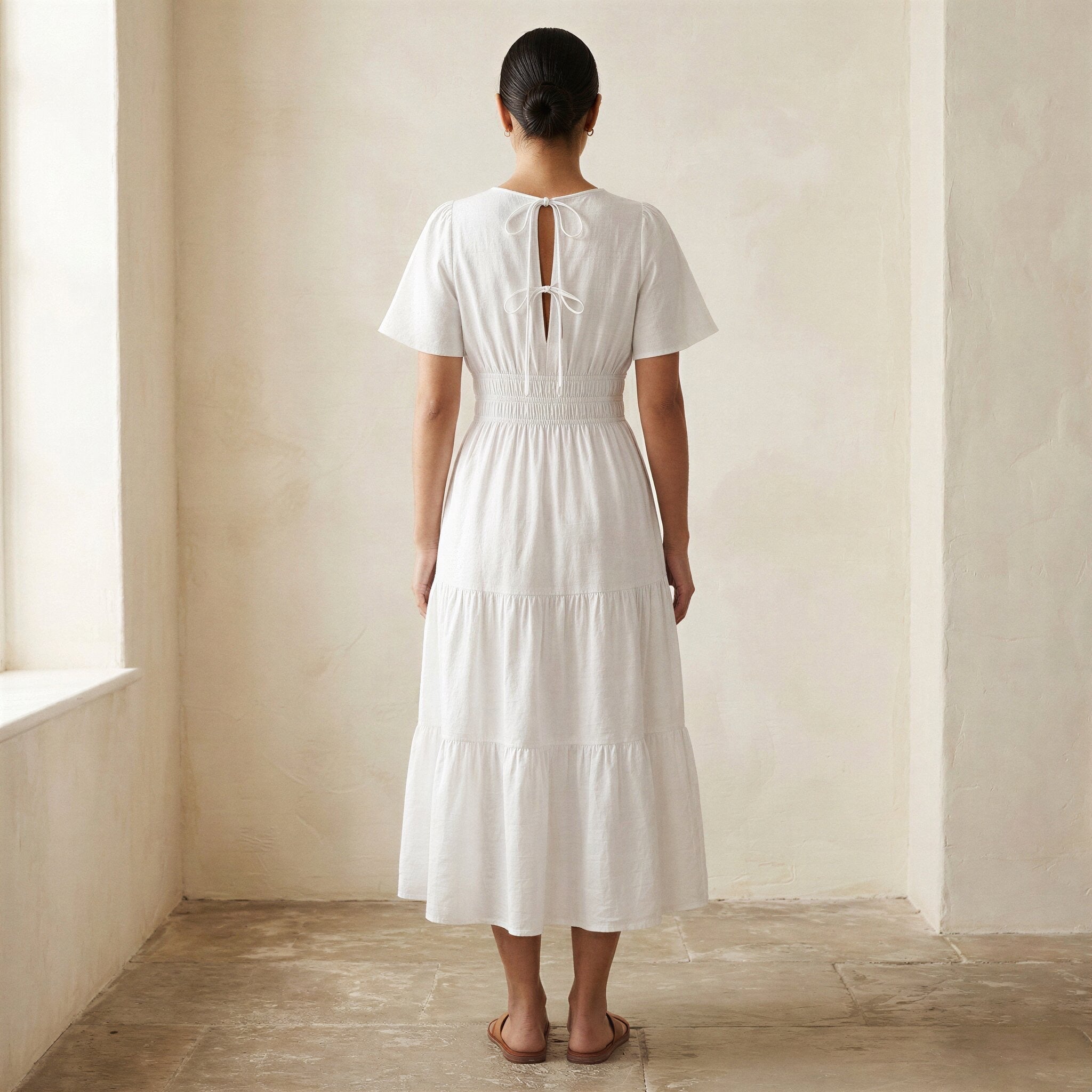 White Cotton Flutter Sleeve Tie-Back Tiered Midi Dress