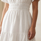 White Cotton Flutter Sleeve Tie-Back Tiered Midi Dress