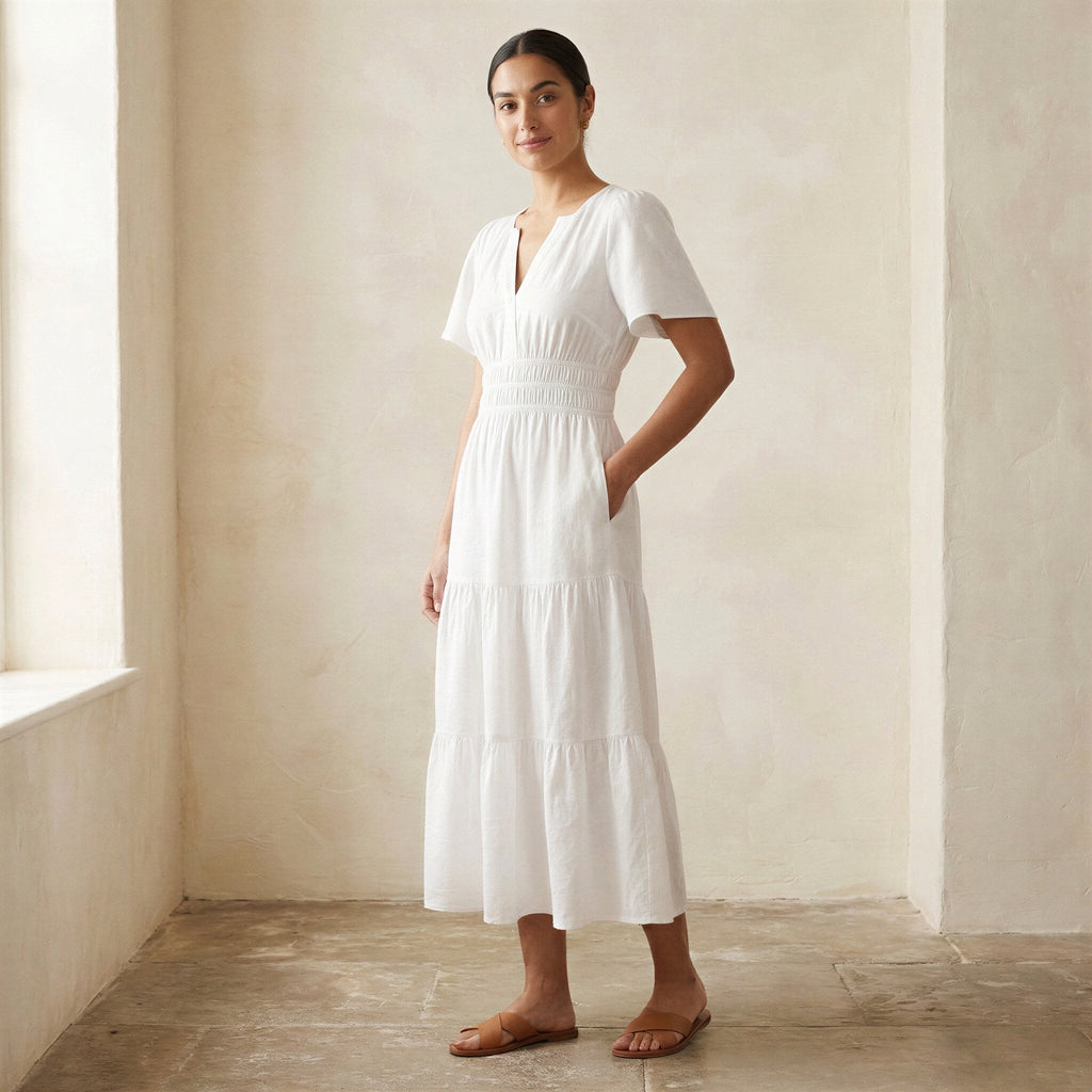 White Cotton Flutter Sleeve Tie-Back Tiered Midi Dress