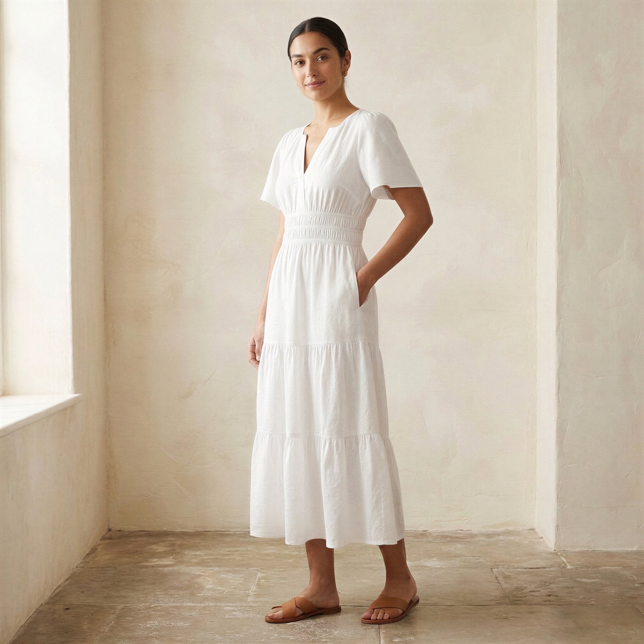 White Cotton Flutter Sleeve Tie-Back Tiered Midi Dress
