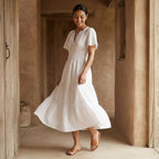 White Cotton Flutter Sleeve Tie-Back Tiered Midi Dress