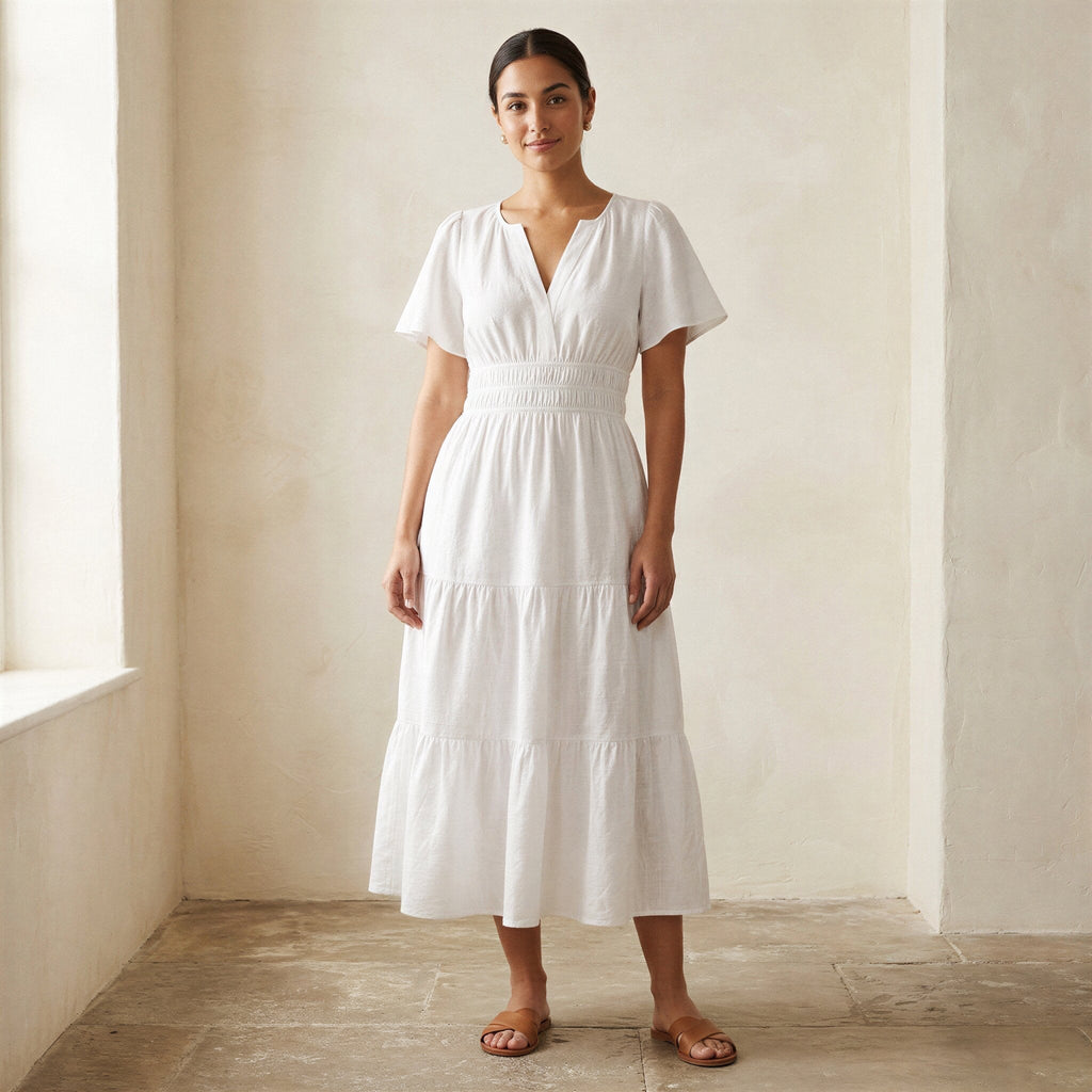 White Cotton Flutter Sleeve Tie-Back Tiered Midi Dress