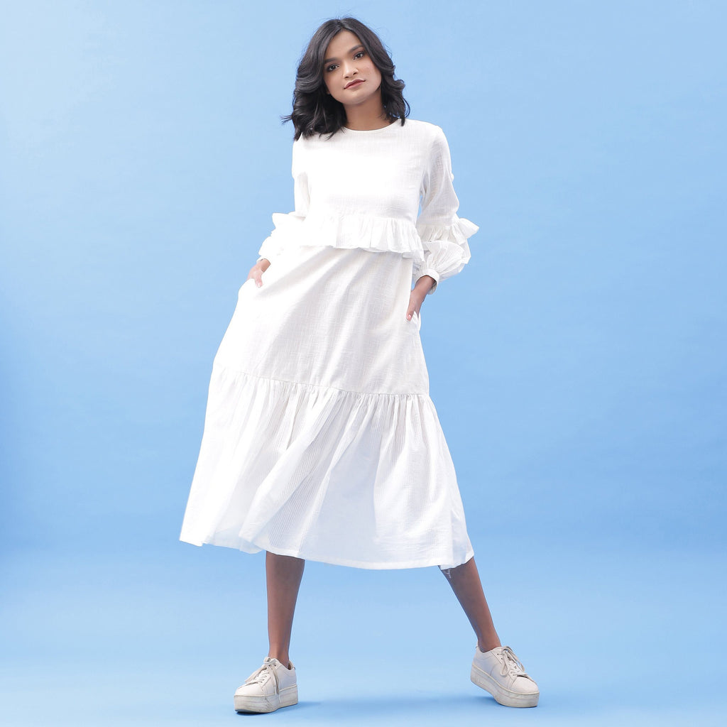 Front View of a Model wearing White Cotton Frilled Bohemian Tier Midi Dress