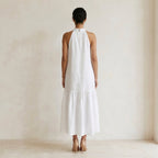 White Cotton Halter-Neck Sleeveless Midi Tier Dress