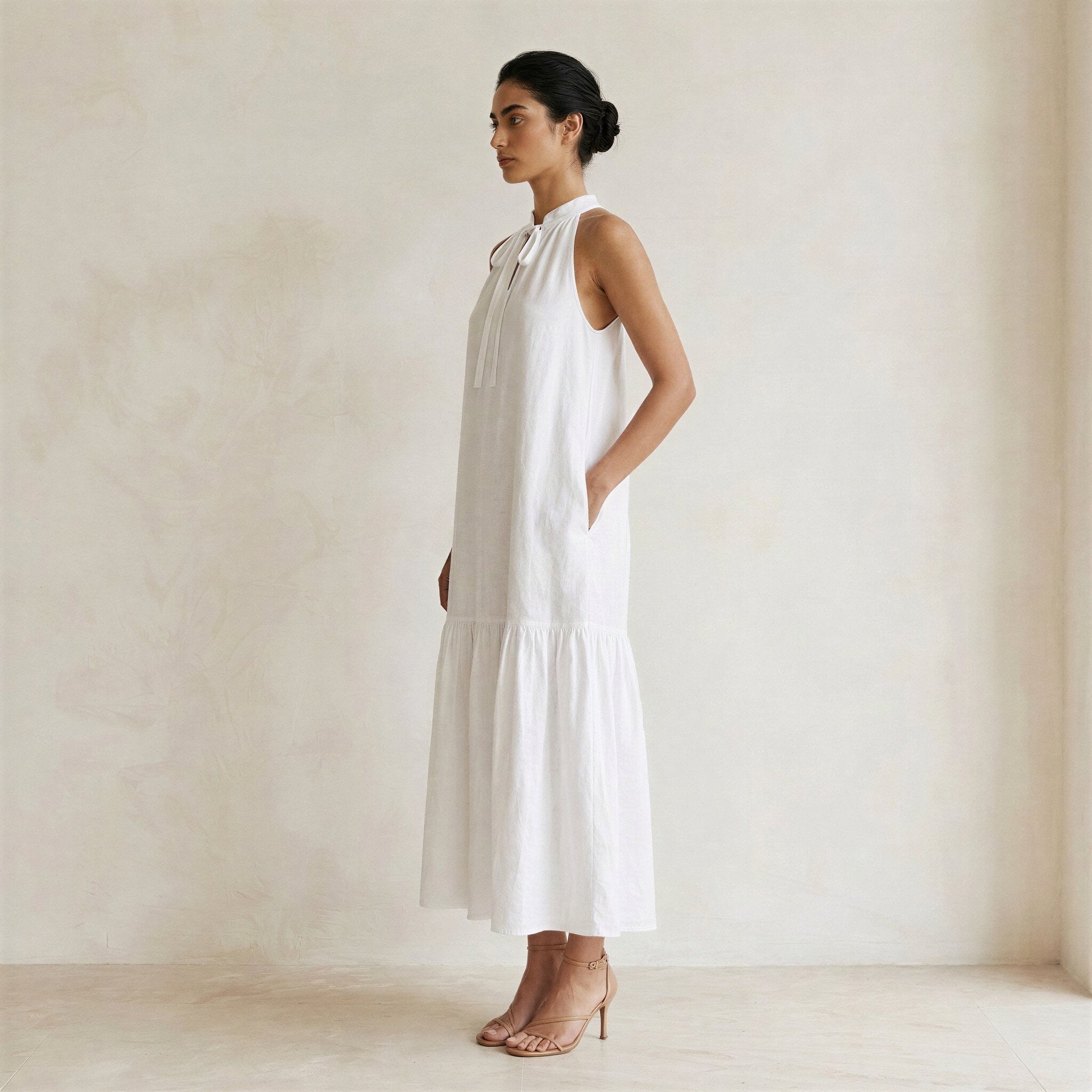 White Cotton Halter-Neck Sleeveless Midi Tier Dress