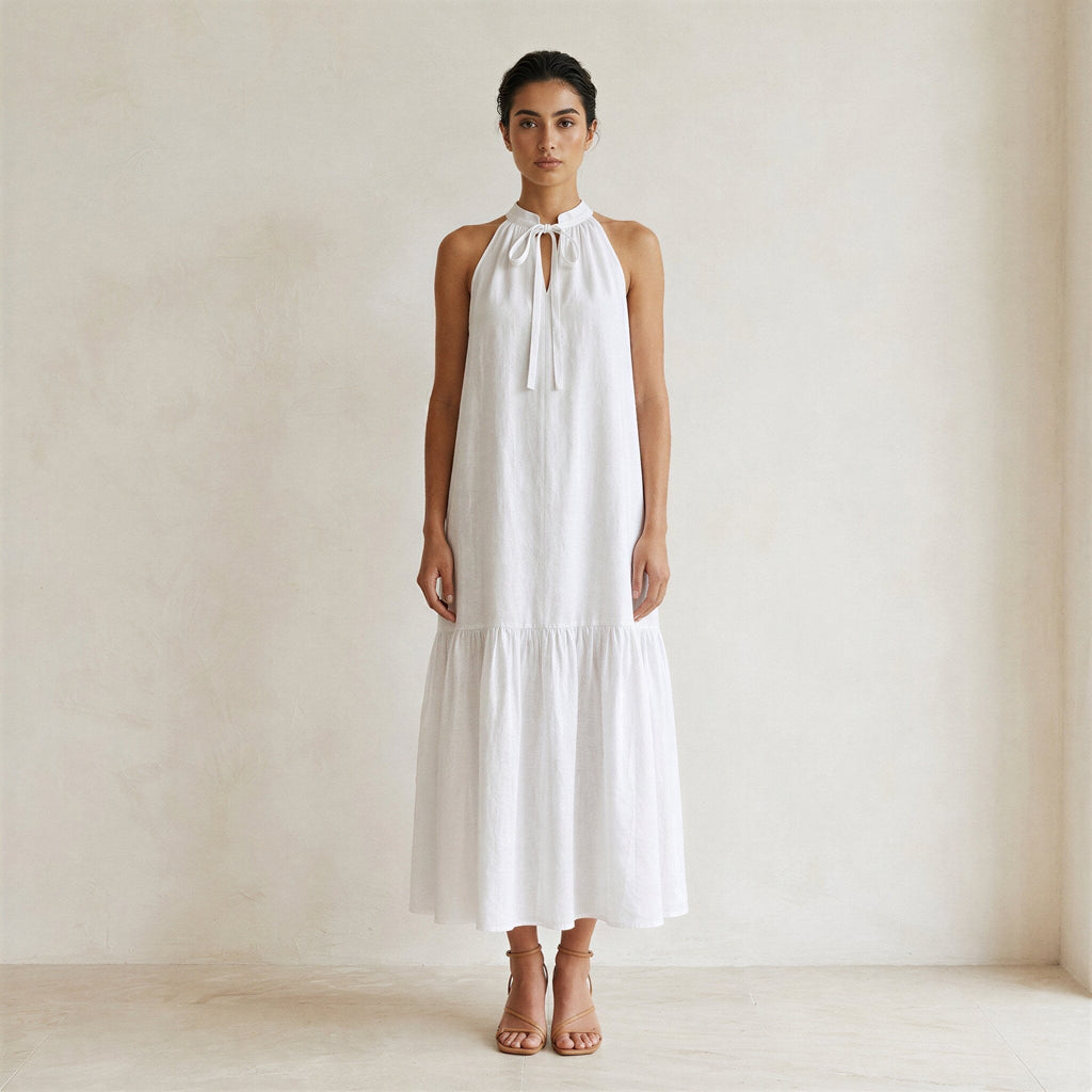 White Cotton Halter-Neck Sleeveless Midi Tier Dress