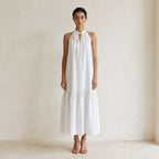 White Cotton Halter-Neck Sleeveless Midi Tier Dress