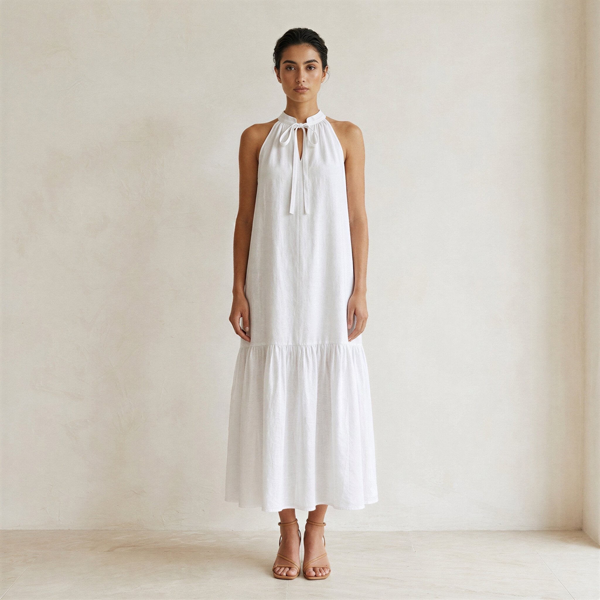 White Cotton Halter-Neck Sleeveless Midi Tier Dress