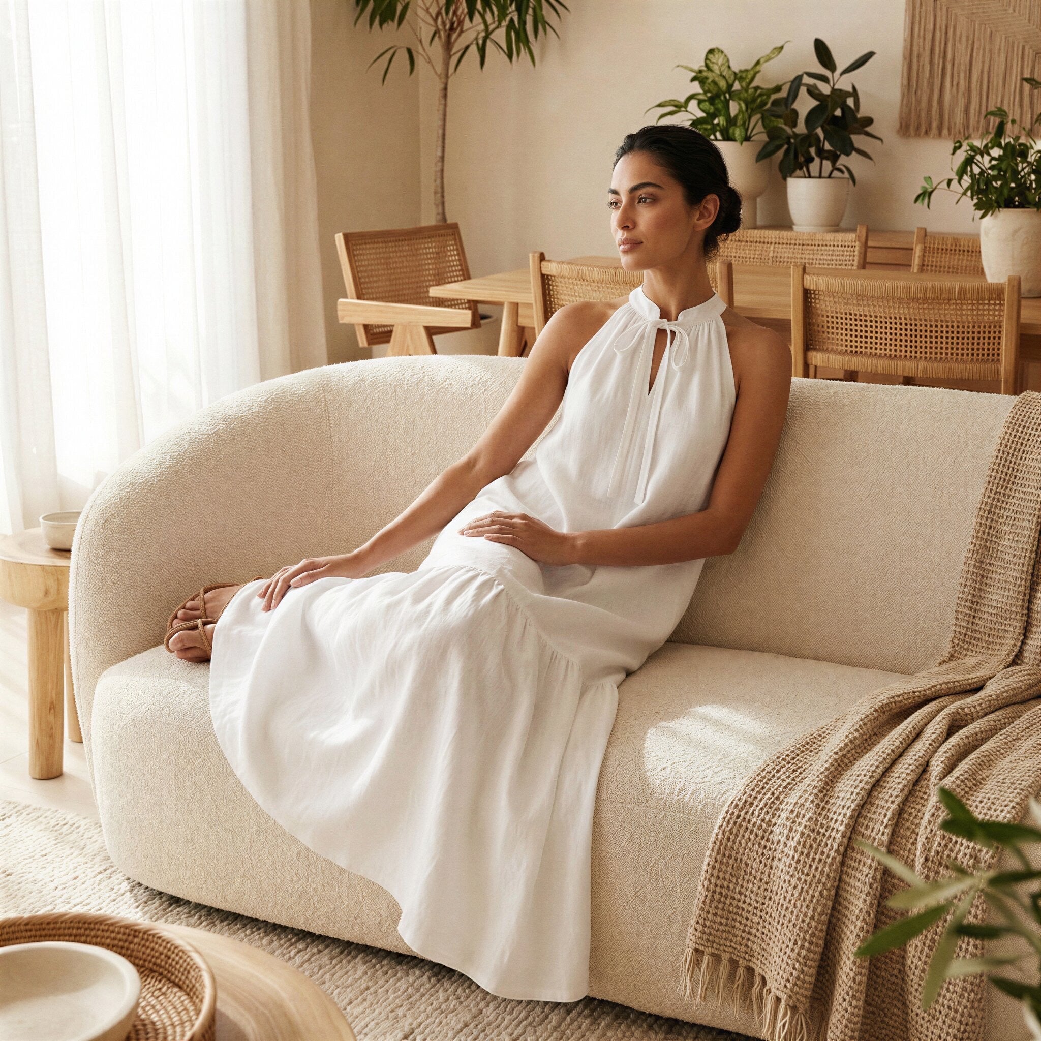 White Cotton Halter-Neck Sleeveless Midi Tier Dress