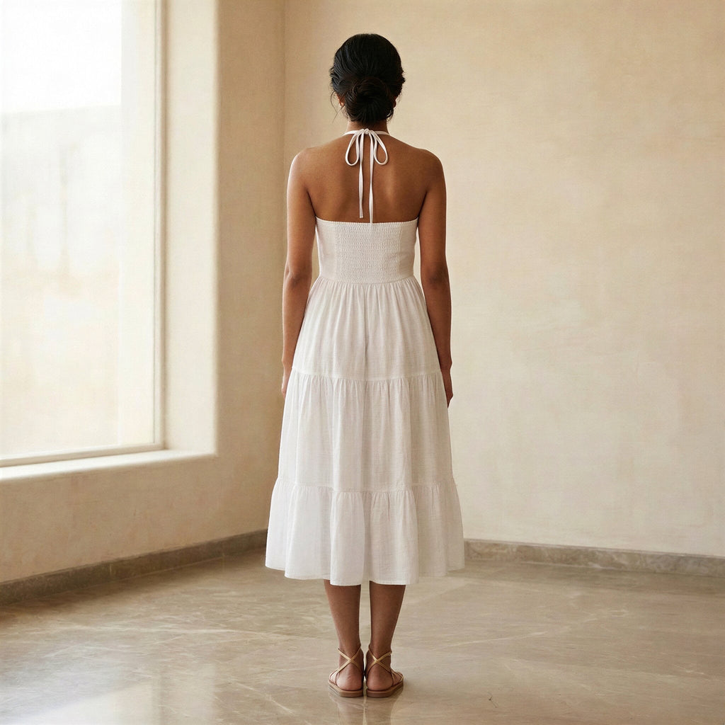 White Cotton Halter Neck Tier Midi Dress