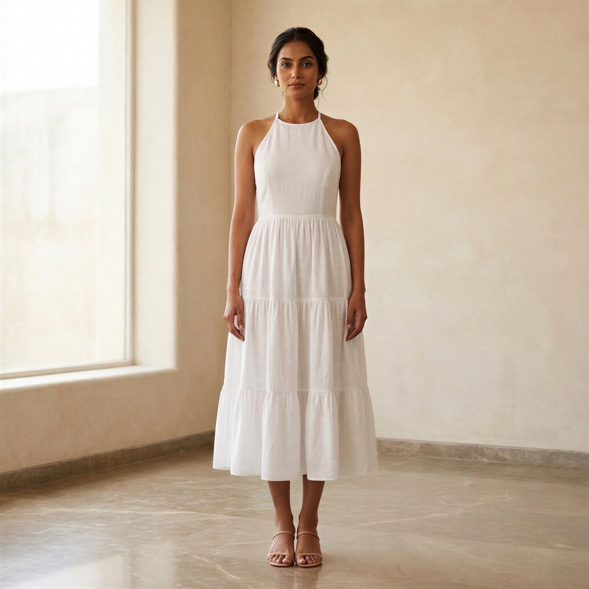 White Cotton Halter Neck Tier Midi Dress