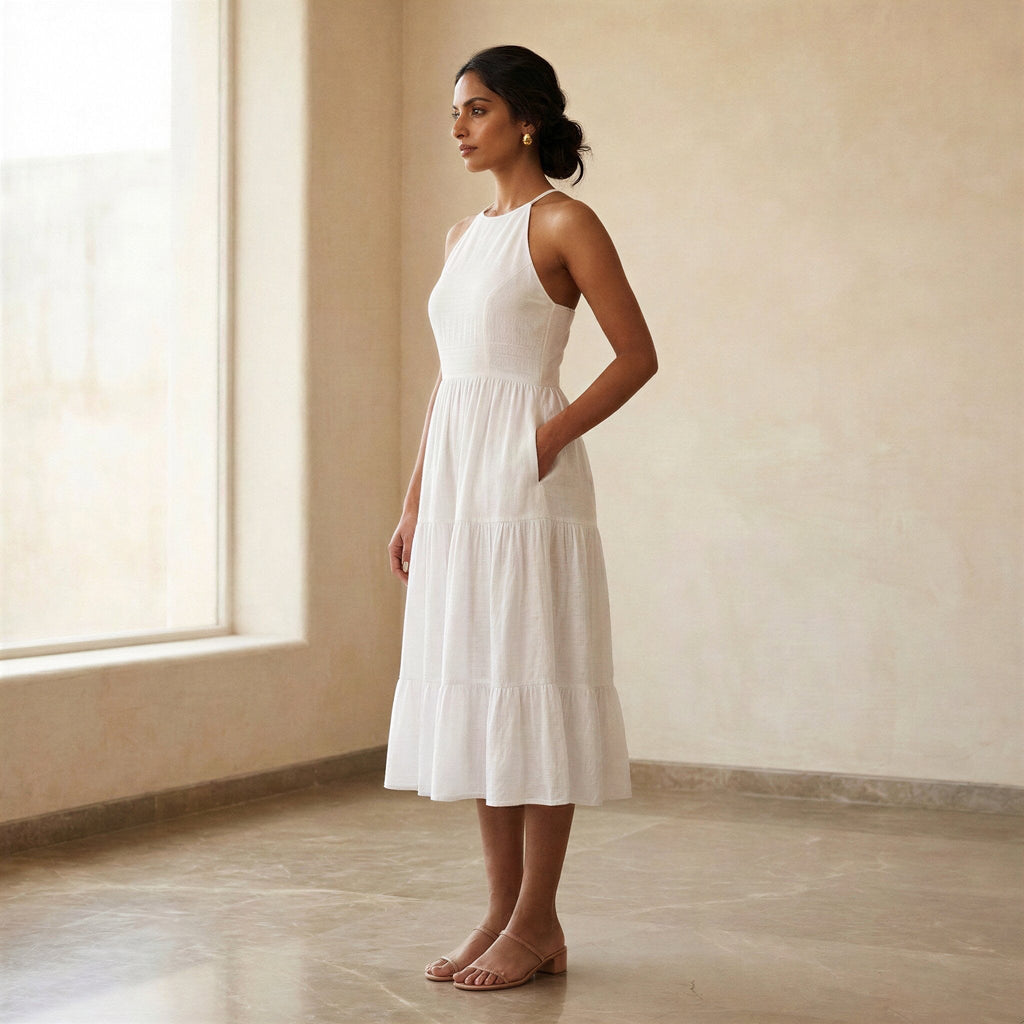 White Cotton Halter Neck Tier Midi Dress