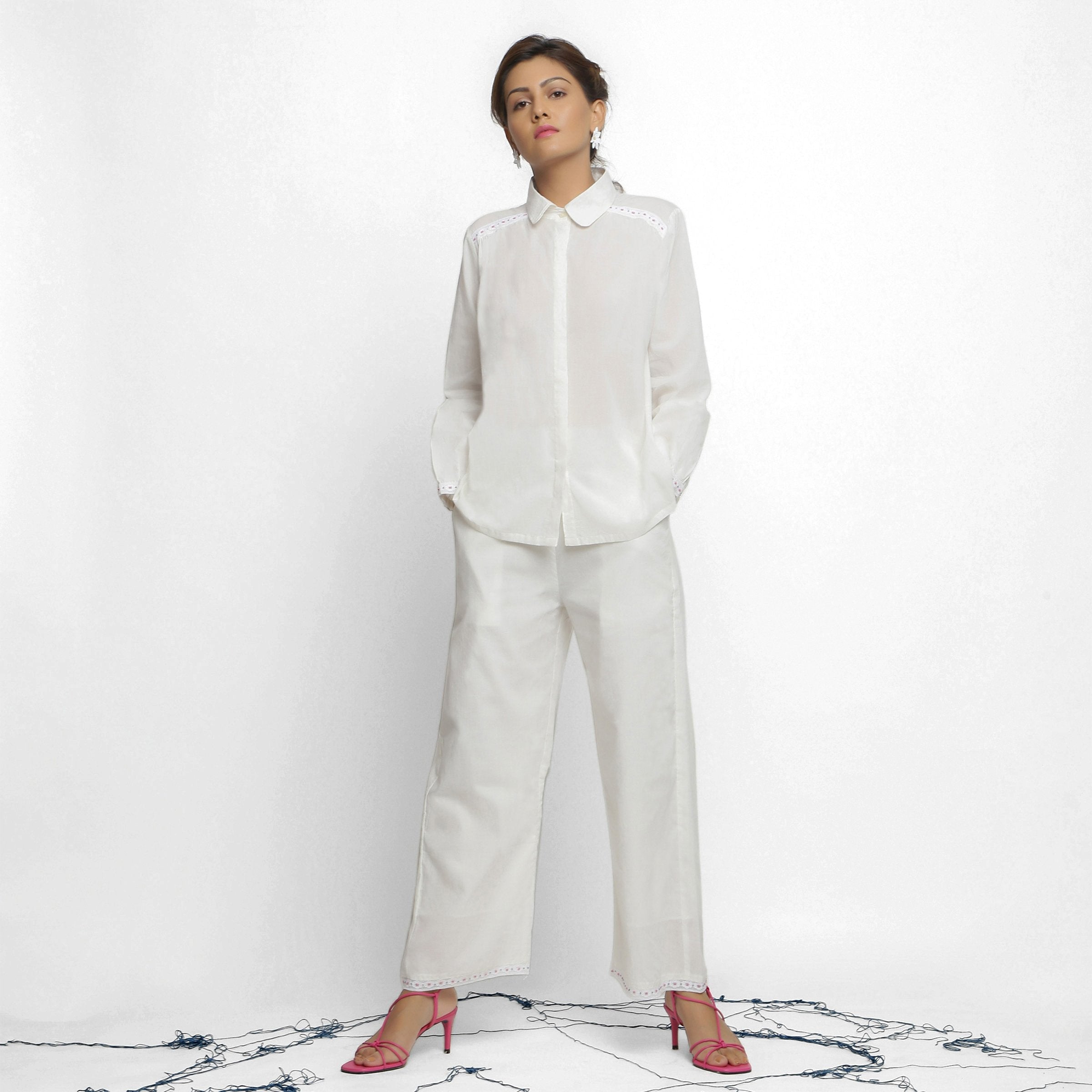 Front View of a Model wearing White Organic Cotton Lined Peter Pan Gathered Top