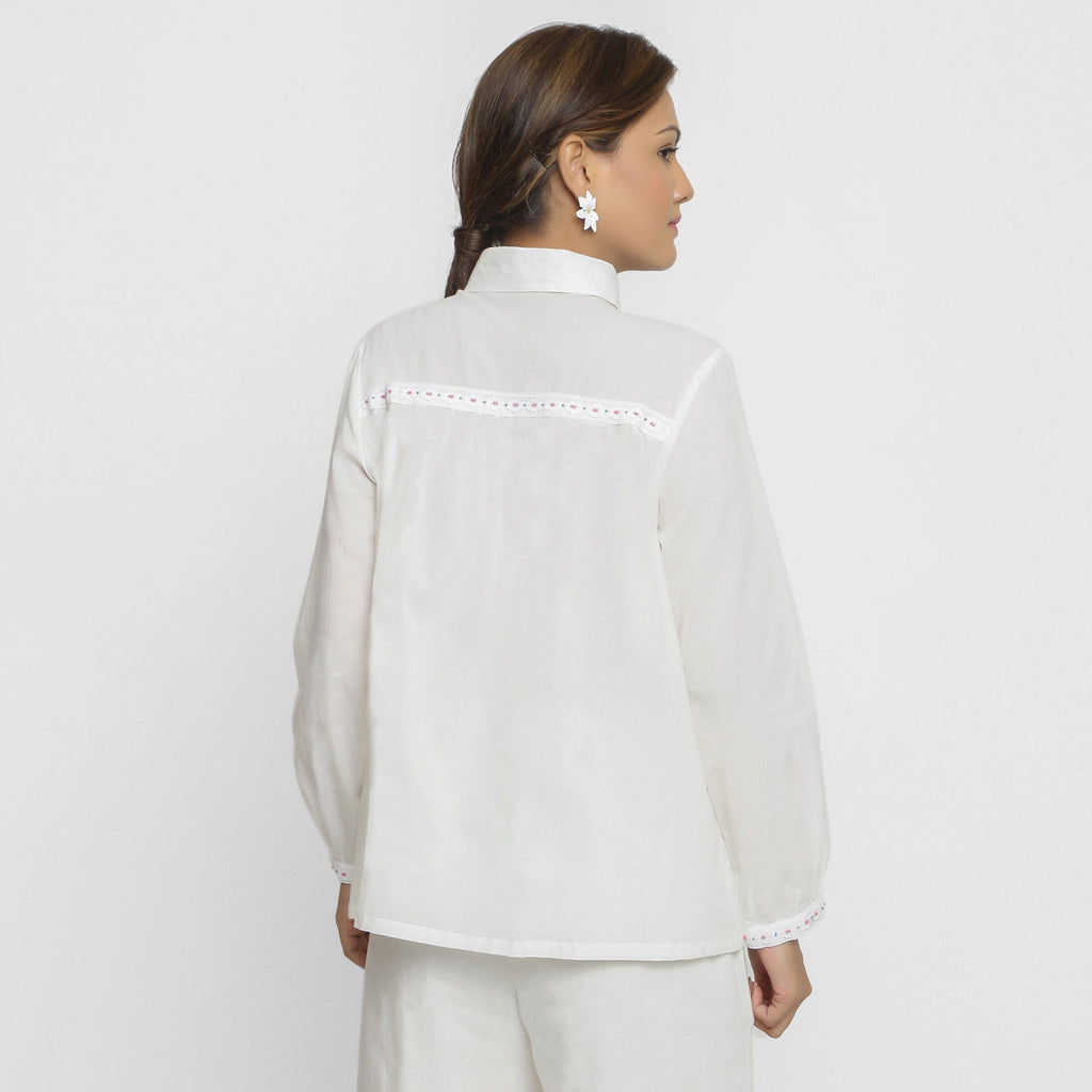 Back View of a Model wearing White Organic Cotton Lined Peter Pan Gathered Top