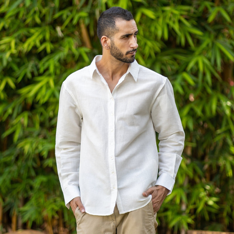 White Cotton Linen Full Sleeve Relaxed Shirt