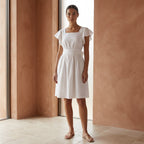White Cotton Open-Back Fit and Flare Knee Length Dress