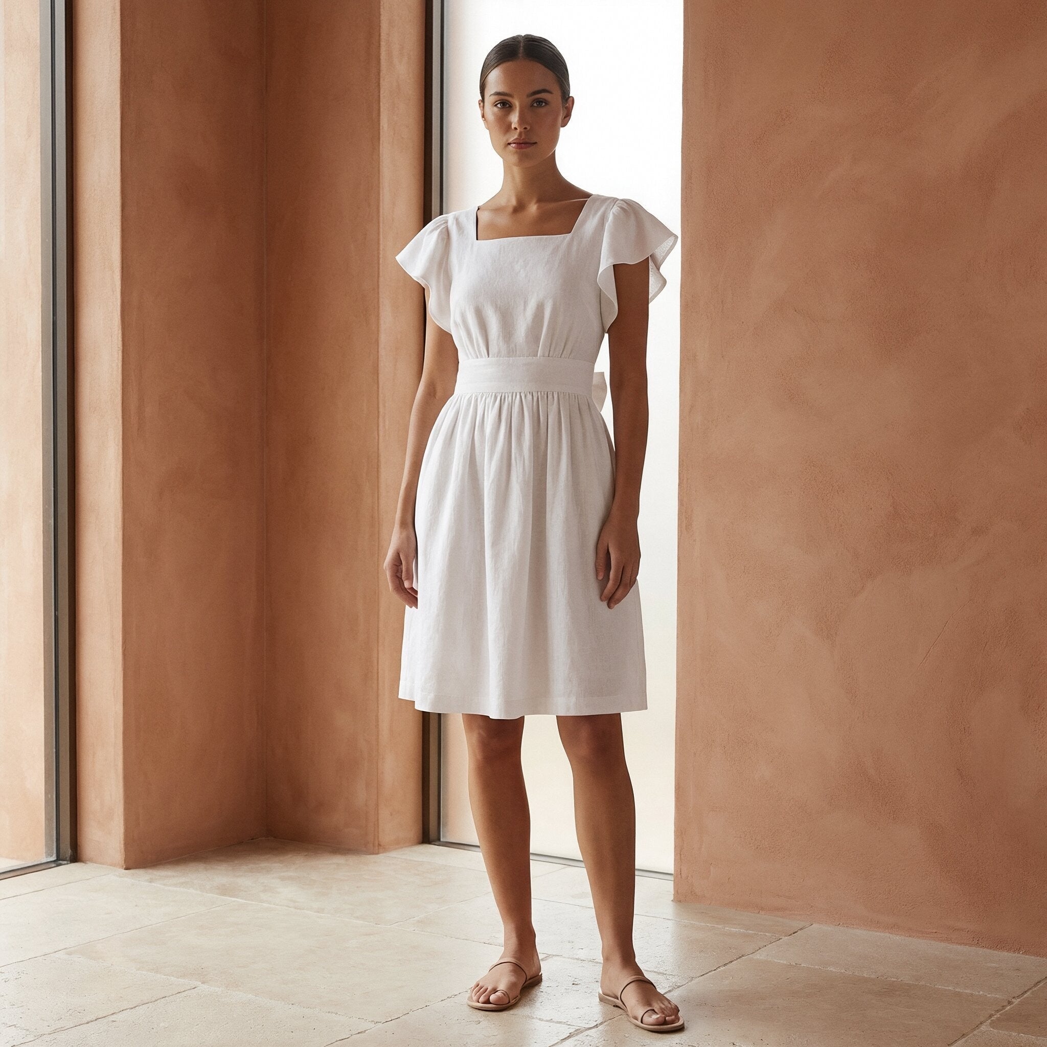White Cotton Open-Back Fit and Flare Knee Length Dress