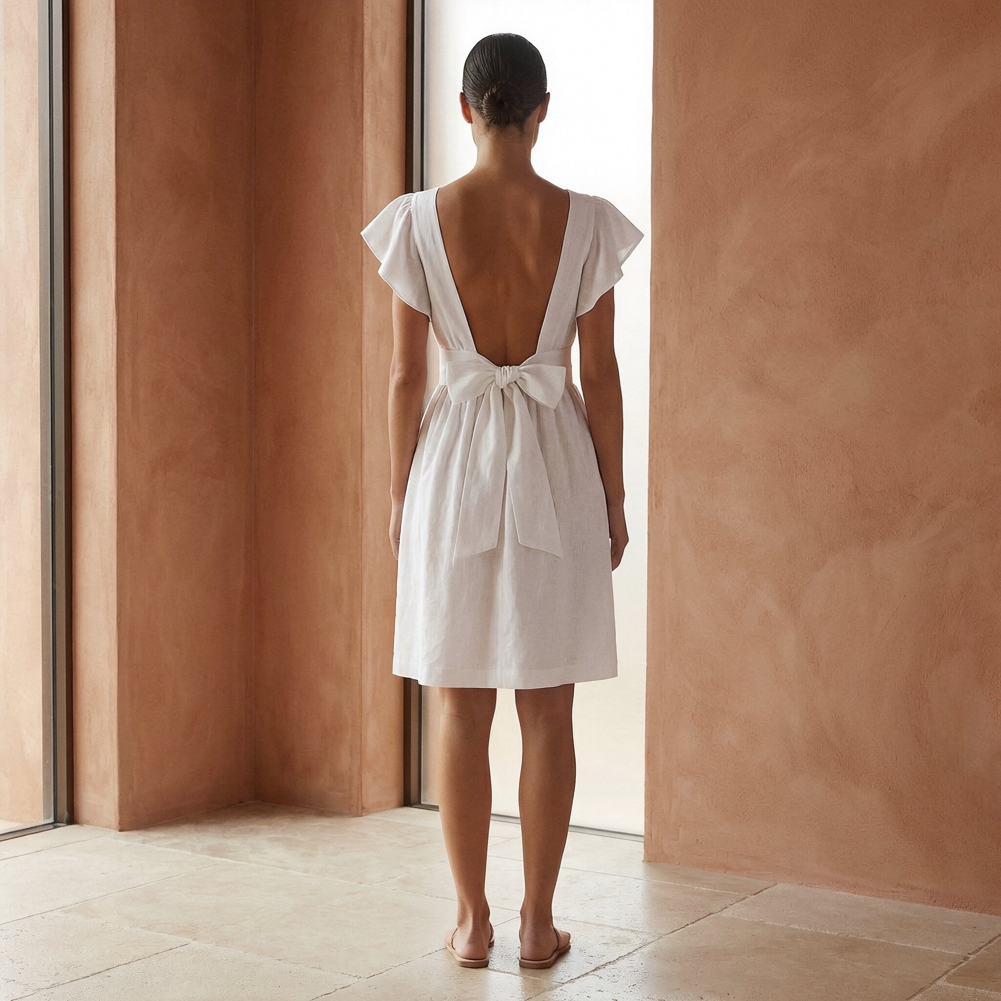 White Cotton Open-Back Fit and Flare Knee Length Dress