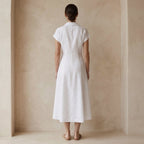 White Cotton Paneled A-Line Midi Dress