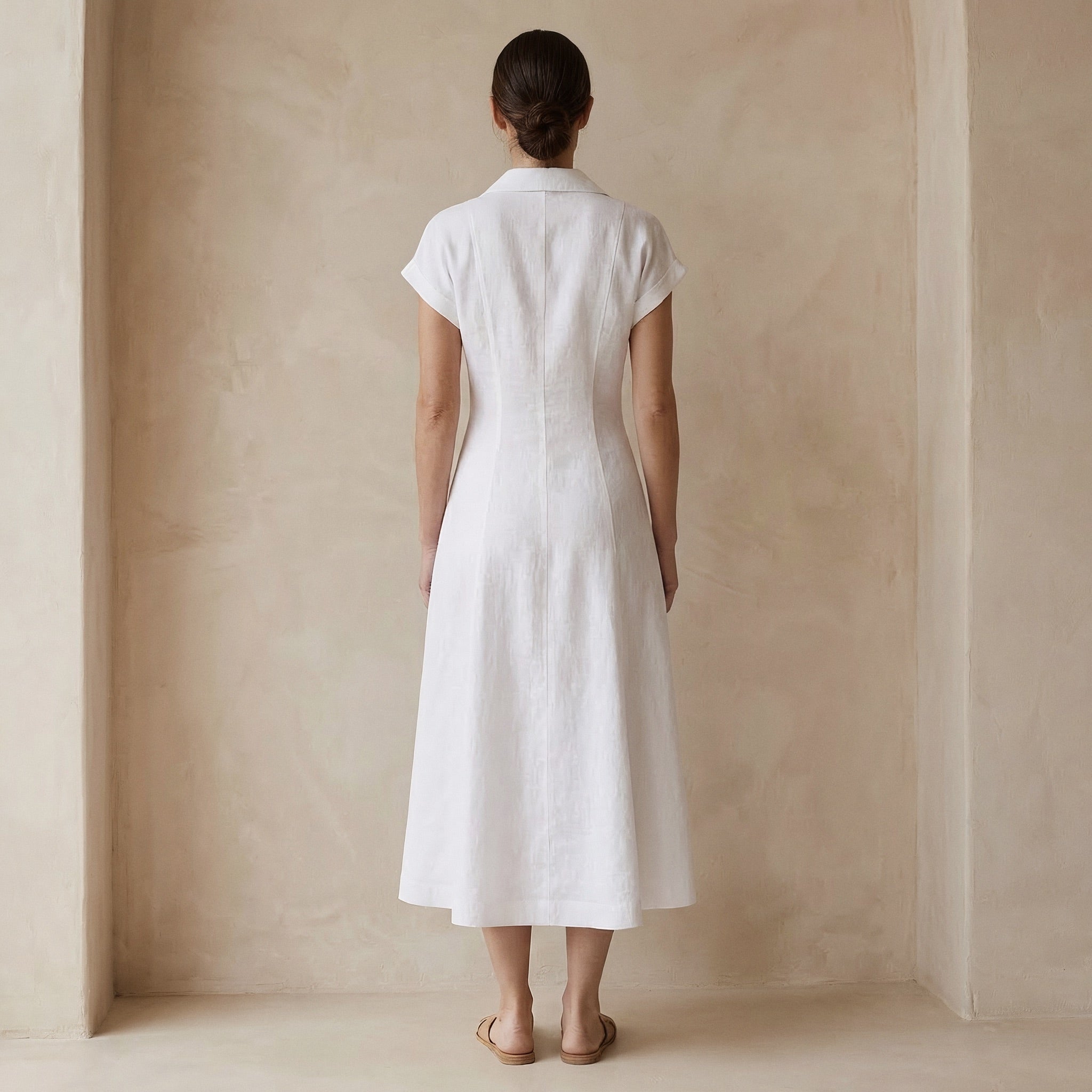 White Cotton Paneled A-Line Midi Dress