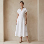 White Cotton Paneled A-Line Midi Dress