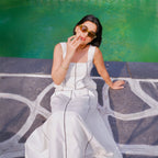 White Cotton Poplin Ankle Length Paneled Dress