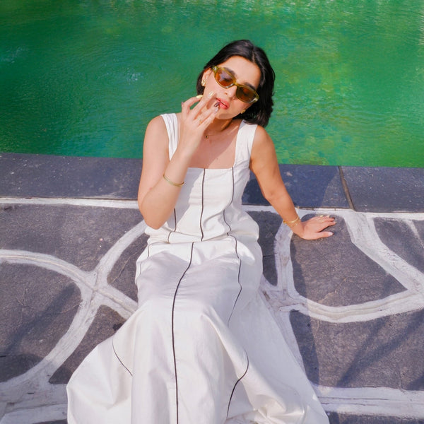 White Cotton Poplin Ankle Length Paneled Dress