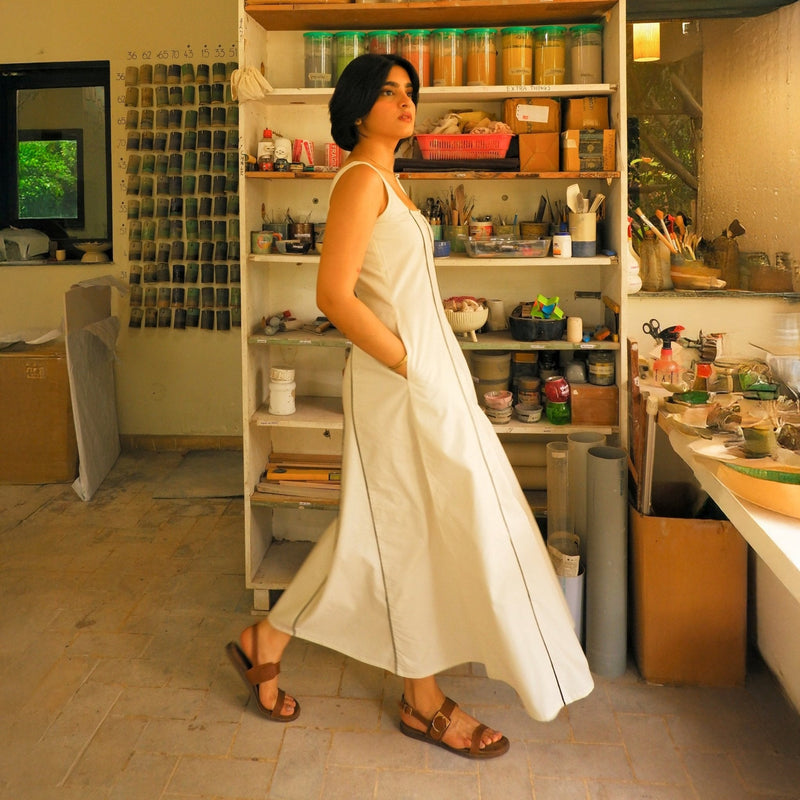 White Cotton Poplin Ankle Length Paneled Dress