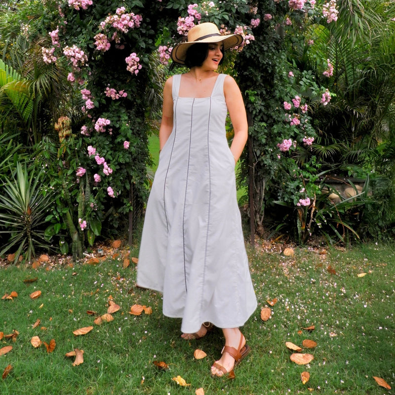White Cotton Poplin Ankle Length Paneled Dress