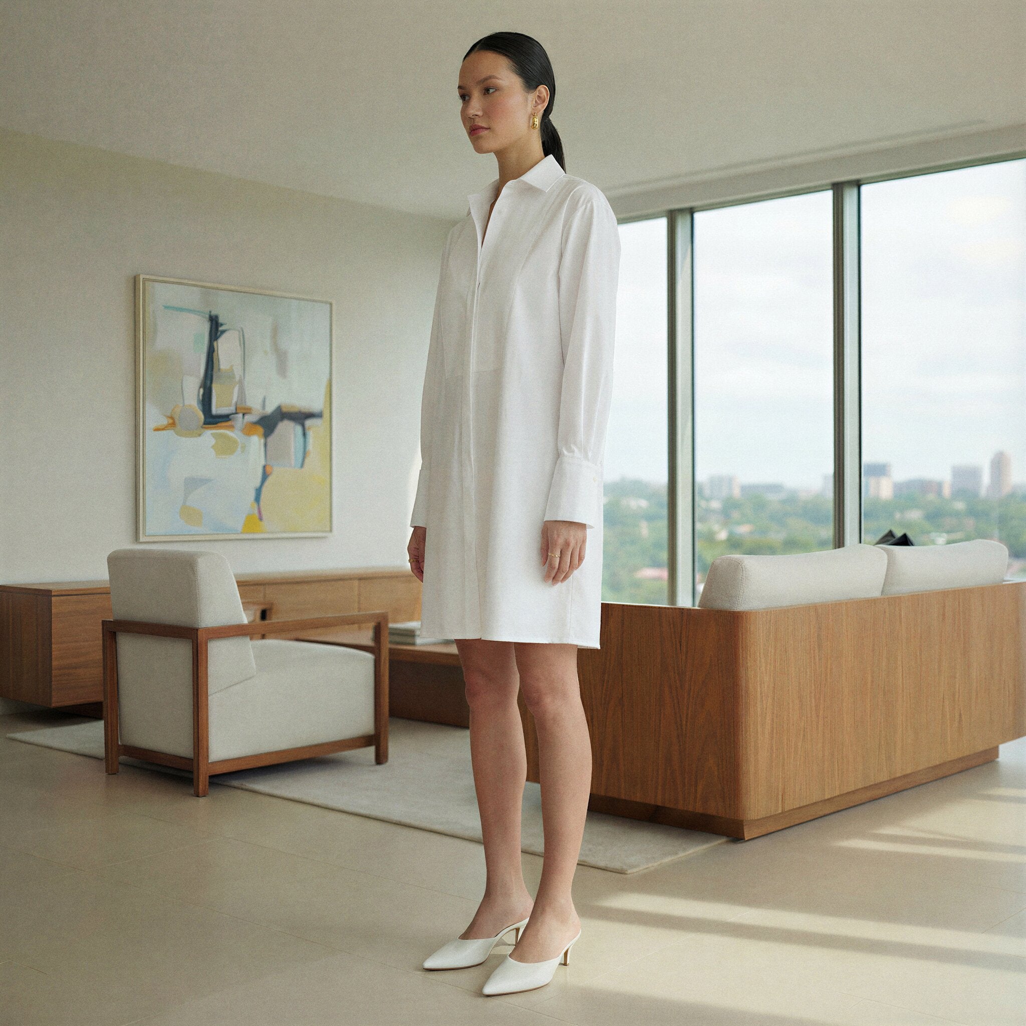 White Cotton Poplin Short Button-Down Shirt Dress
