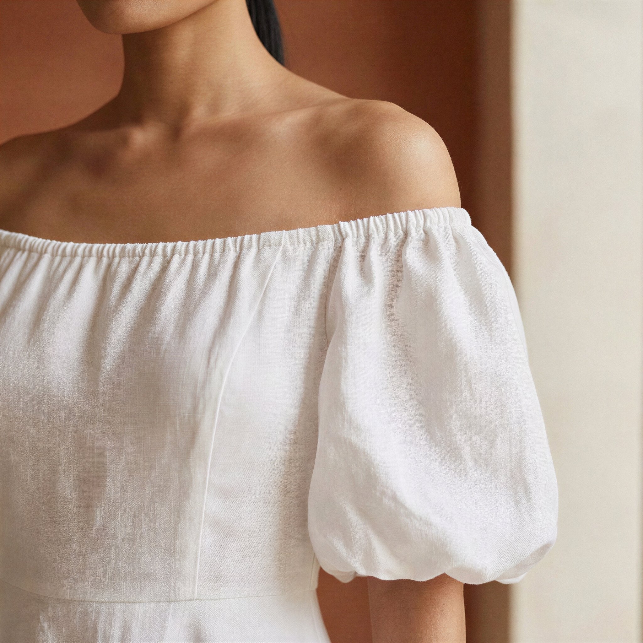 White Cotton Puff Sleeves Off-Shoulder Midi Dress