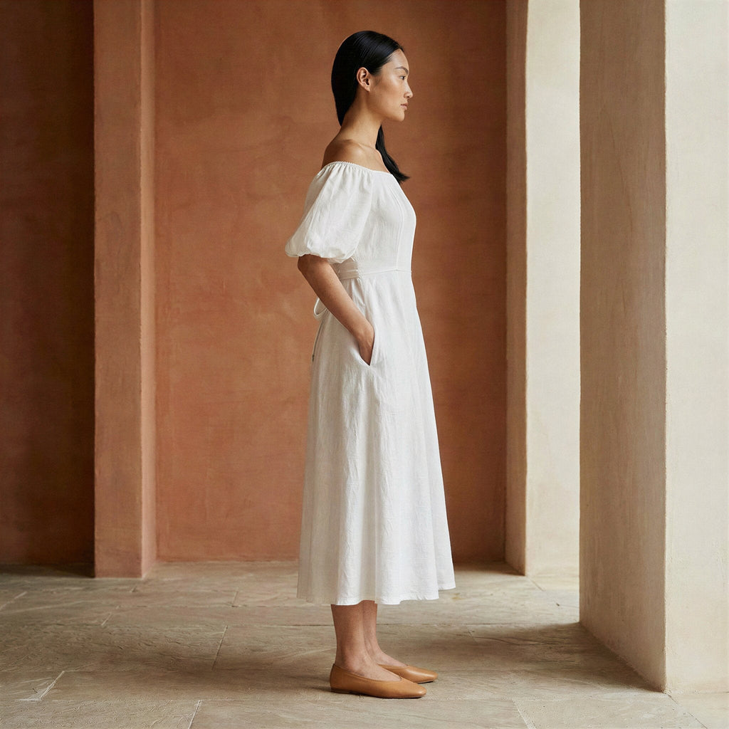 White Cotton Puff Sleeves Off-Shoulder Midi Dress