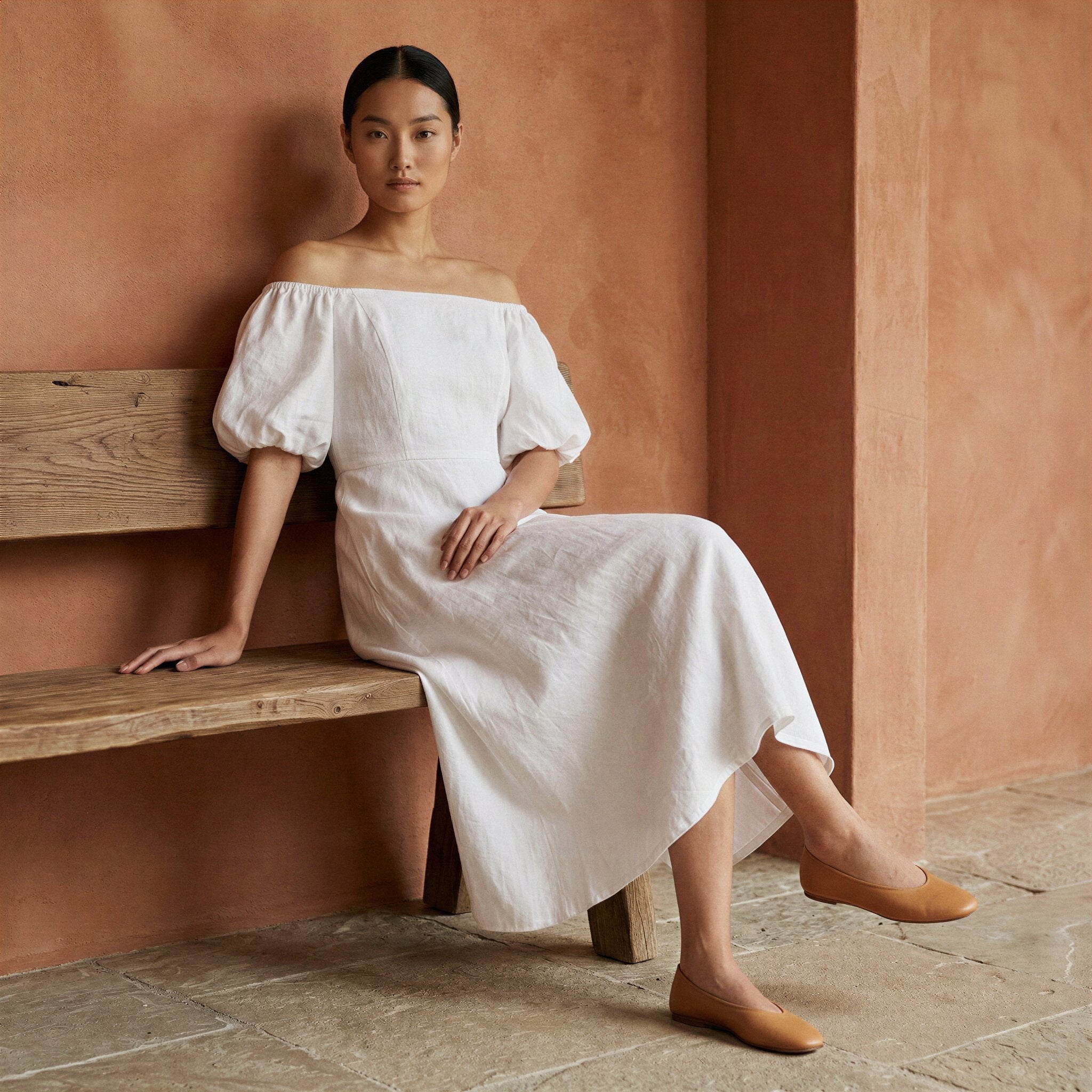 White Cotton Puff Sleeves Off-Shoulder Midi Dress
