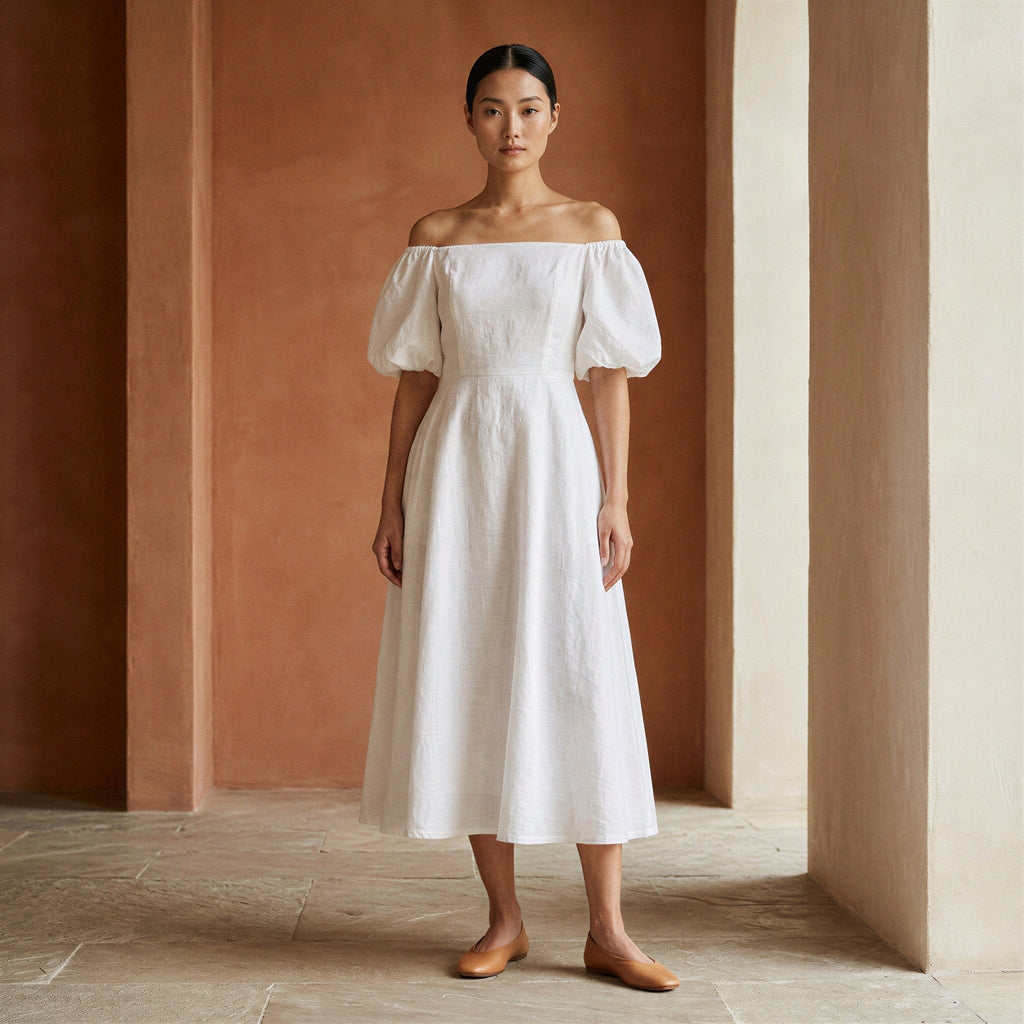 White Cotton Puff Sleeves Off-Shoulder Midi Dress