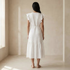 White Cotton Ruffle Midi Wrap Dress
