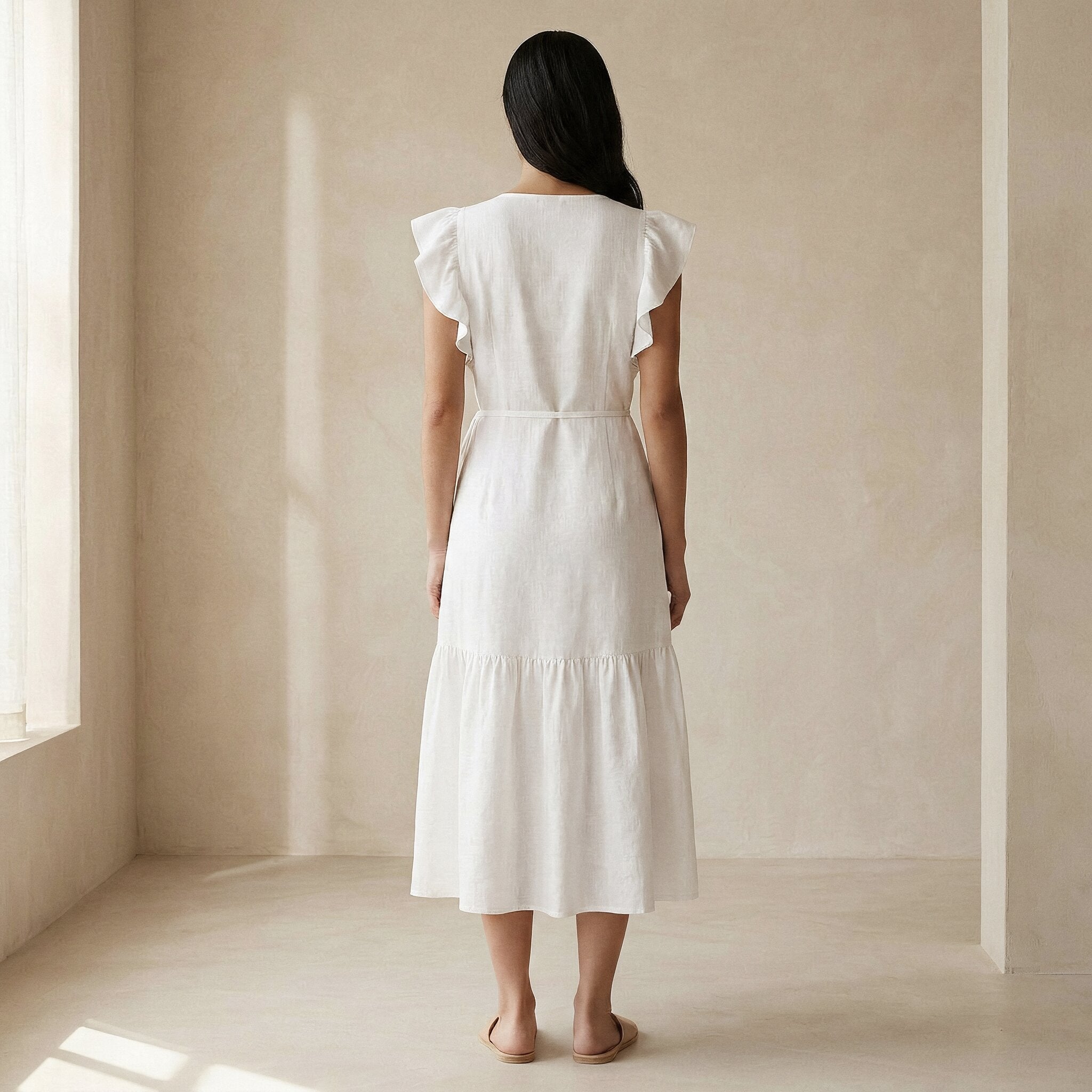 White Cotton Ruffle Midi Wrap Dress