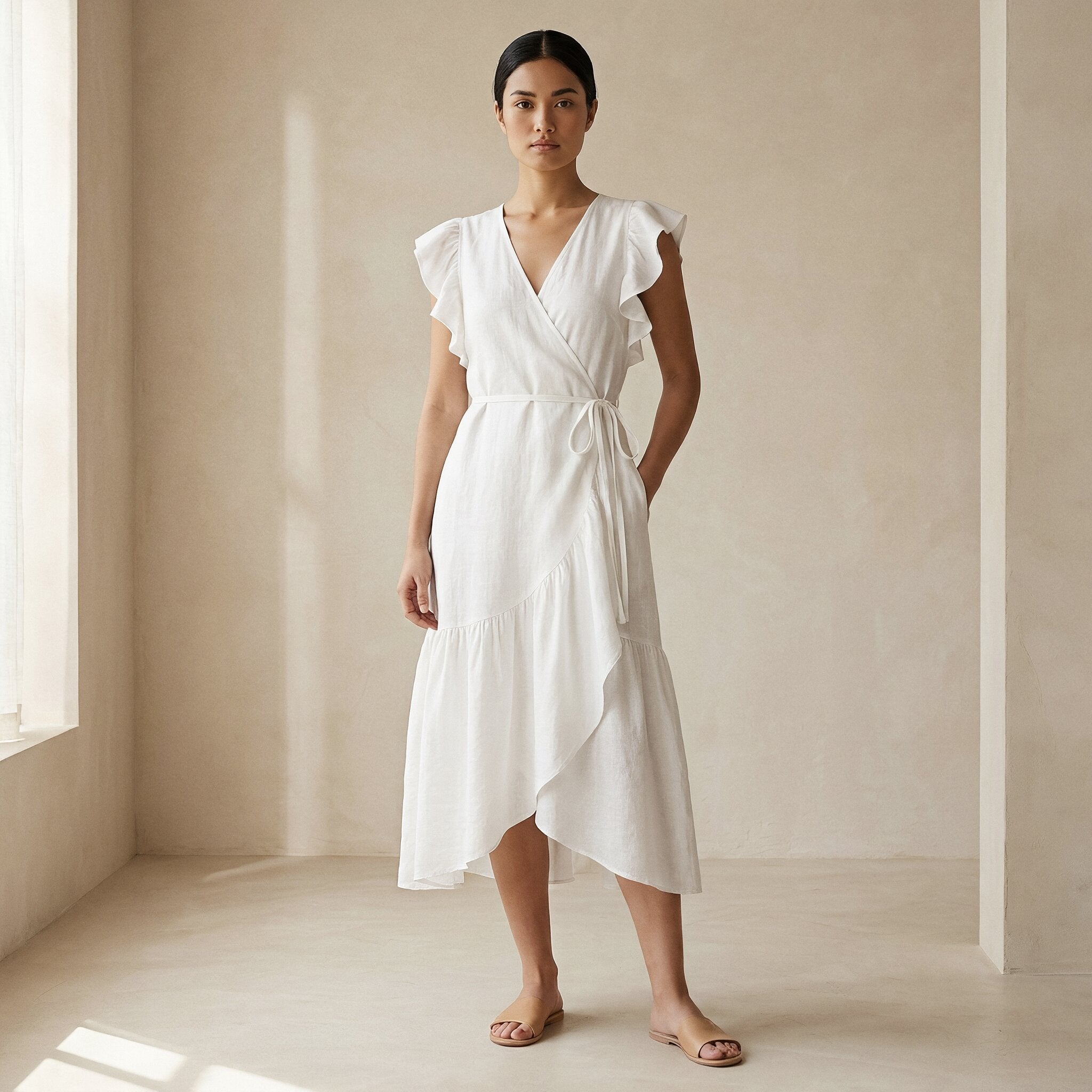 White Cotton Ruffle Midi Wrap Dress