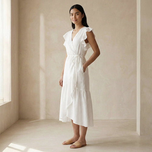 White Cotton Ruffle Midi Wrap Dress