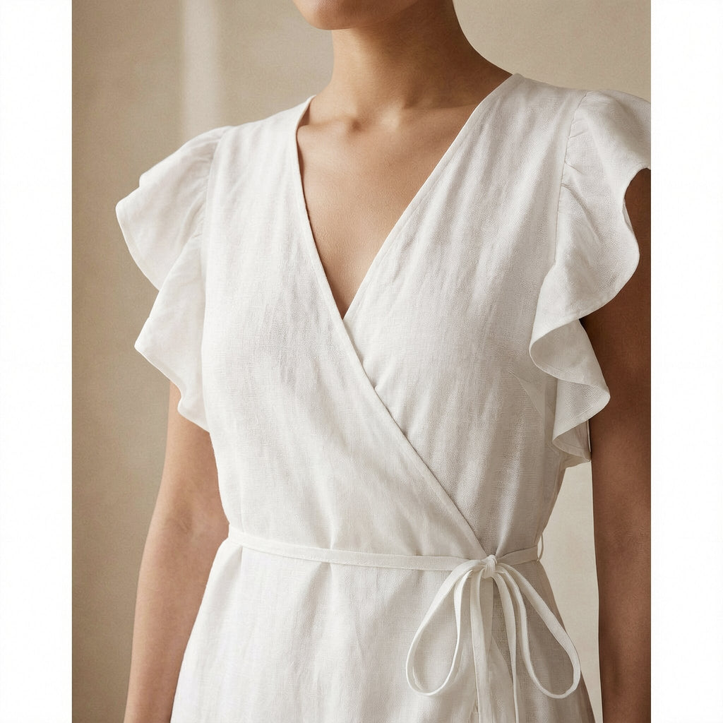White Cotton Ruffle Midi Wrap Dress