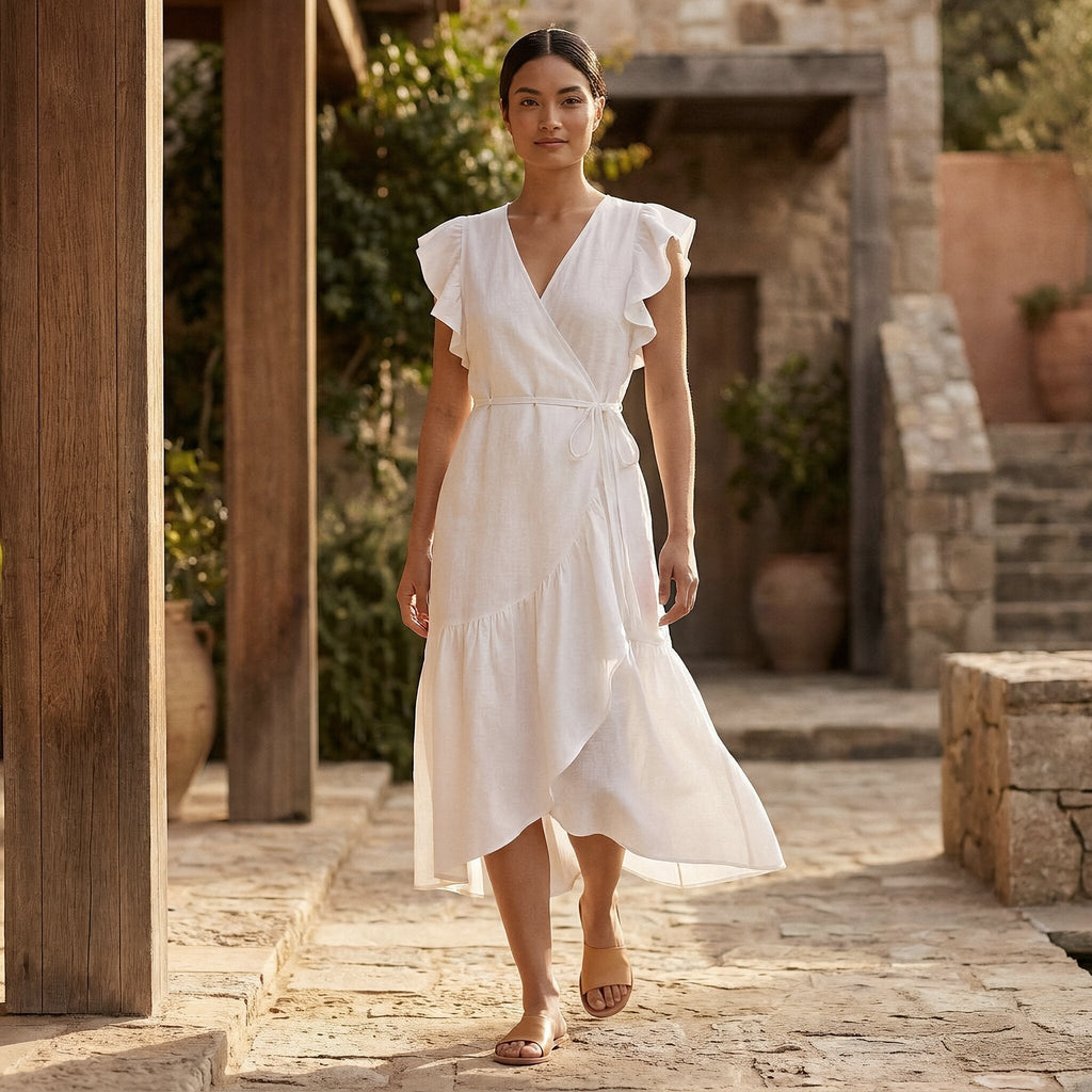White Cotton Ruffle Midi Wrap Dress
