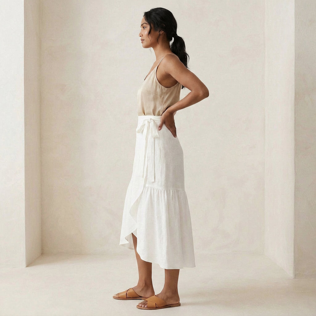 White Cotton Ruffle Midi Wrap Skirt