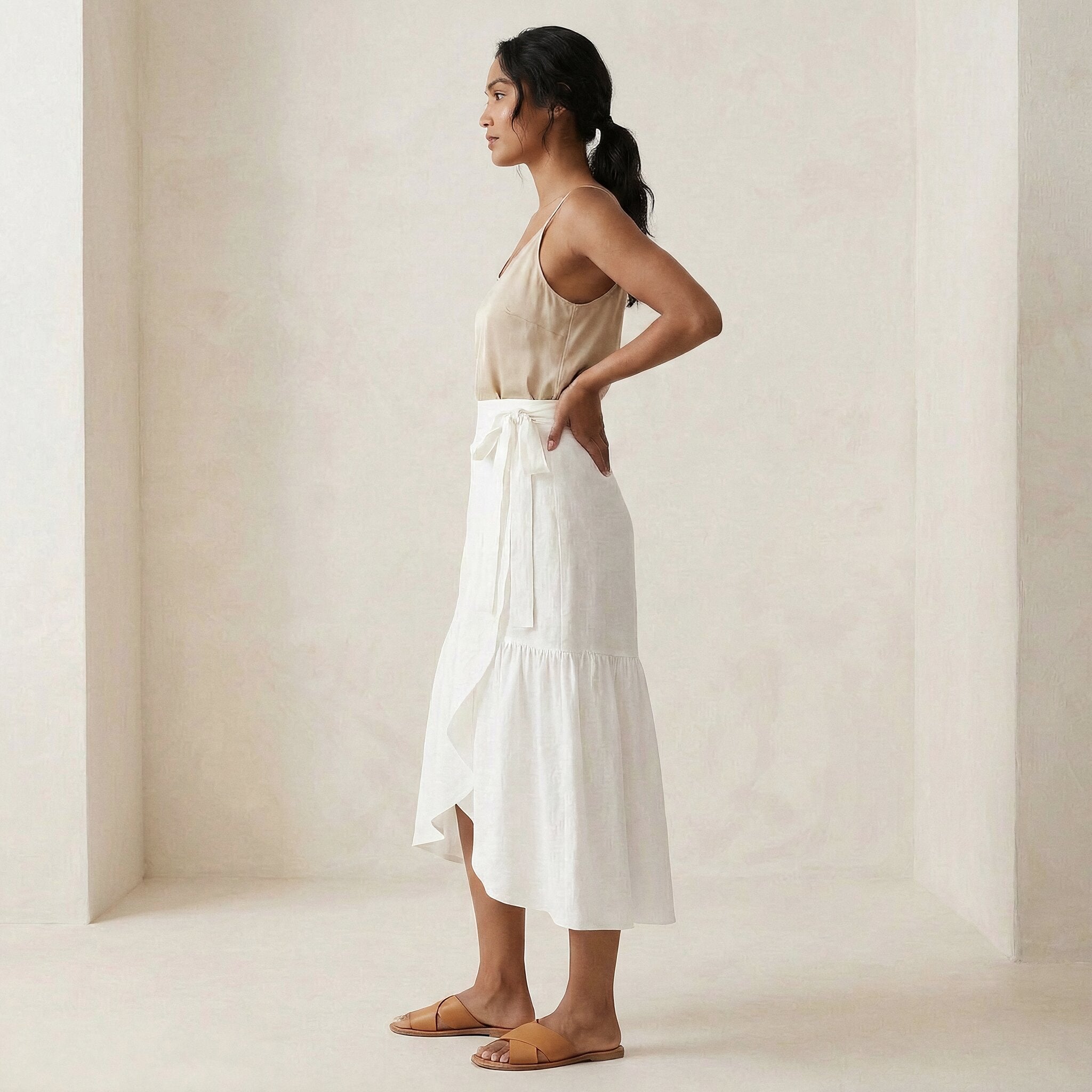 White Cotton Ruffle Midi Wrap Skirt