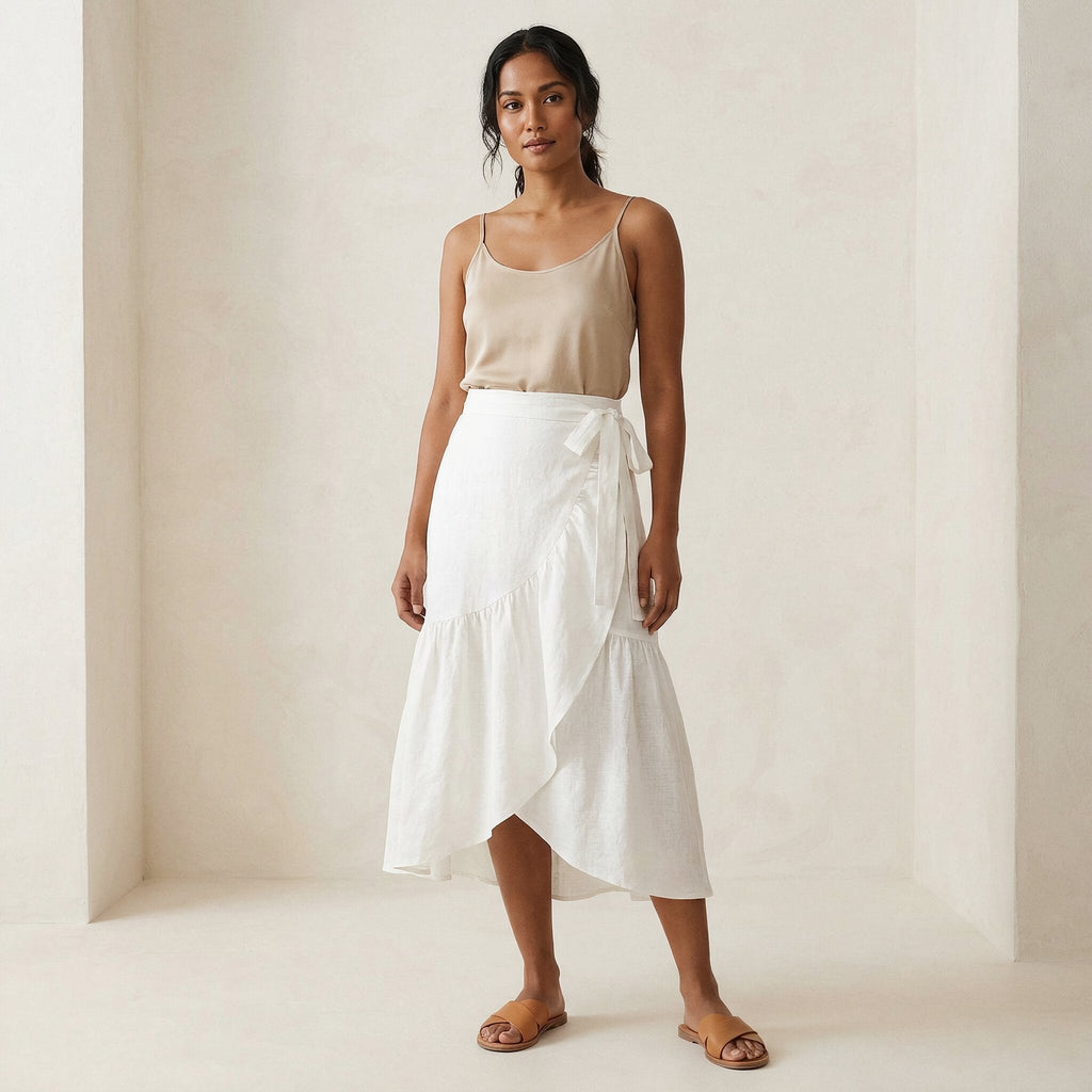 White Cotton Ruffle Midi Wrap Skirt