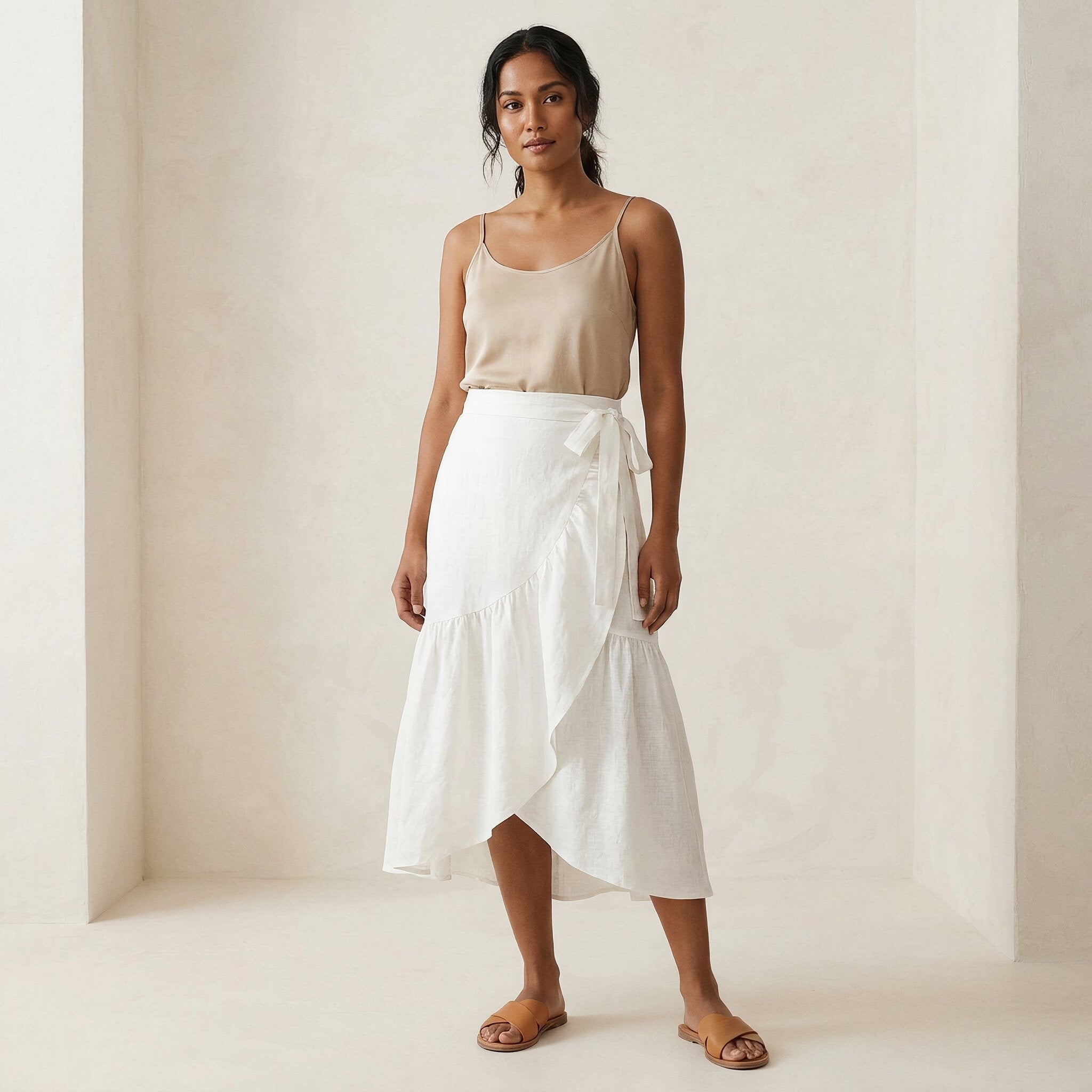 White Cotton Ruffle Midi Wrap Skirt